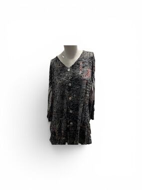 Relaxed Button-Front Black /gray Printed Long-Sleeve Top L 30in ,W 38in around
